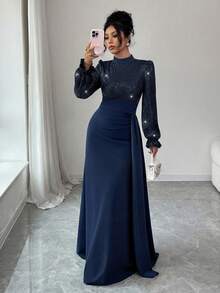 SHEIN Elenzya 女士优雅华丽亮片长袖收腰连衣裙，适合宴会、派对、婚礼宾客、新年、圣诞节等场合。 - 藏蓝色 - 查看 5