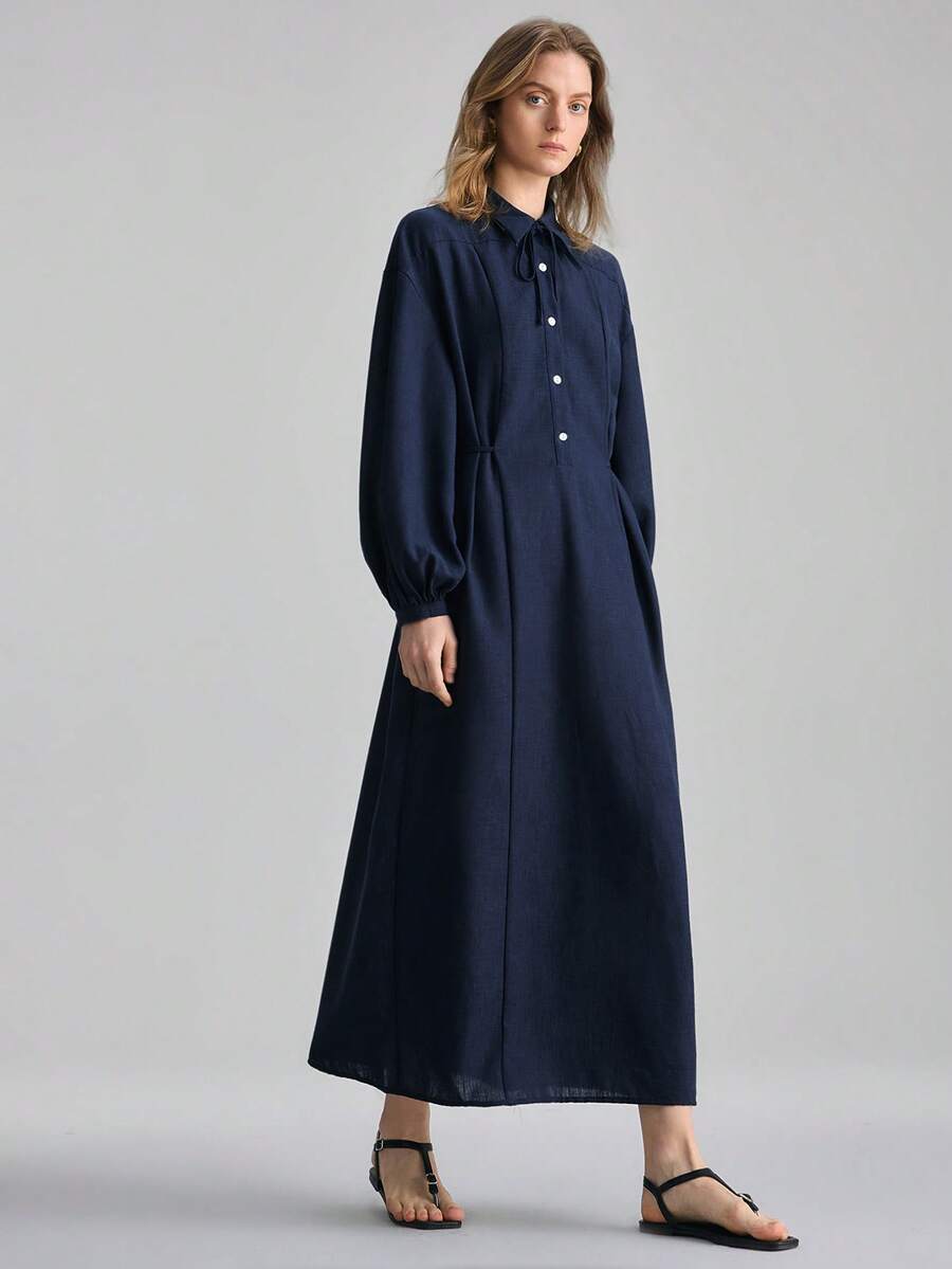 Ontre 2026春夏新款女士梭织连衣裙，系带设计，A字廓形，宽松版型，藏蓝色，适合情人节、婚礼季、节日庆典、独立日、都市时尚、简约风、通勤等场合。 - 藏蓝色 - 查看 1