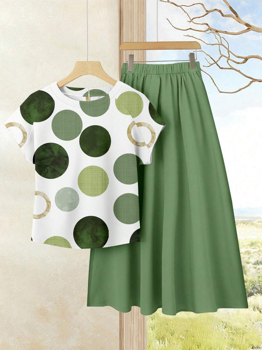 Rusticease Casual Minimalist Vacation Bohemian Elegant Romantic Retro Green Circle Polka Dot Print Pattern, Beach Outfit, Vacation Outfit, Summer Outdoor Women's Clothing, 2 Piece Loose Fitting Skirt And Top Set - Multicolor - View 1