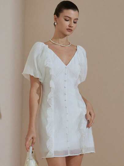 Aveloria Rosie Elegant Ruched V-Neck Ruffle Sleeve Waist Fitted Romantic French Style Mini Dress, Versatile For Party, Wedding Season