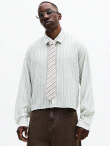 SUMWON 长袖竖条纹纽扣衬衫，经典领型，商务休闲办公正式着装 - 綠色 - 查看 4