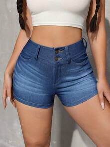SHEIN Tall Women's Casual Everyday Commute High Stretch Slim Fit Denim Shorts, Summer - Dark Wash - View 4