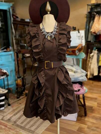 Franclia Brown Ruffled Hem Casual Beach Vacation Romantic Retro Bohemian Dress, Suitable For Daily, Commuting, Business, Graduation Season, Spring/Summer Dinner Date, Solid Color Mini Dress (With Belt) Dark Chocolate Dress With Belt Ruffle Dress Brown Dress Chocolate Brown Dress Dark Brown Dress