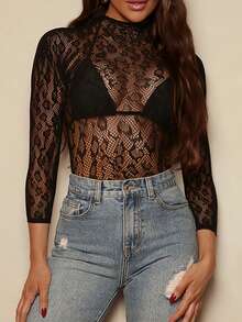 Sirith New Women's Slim Fit Long Sleeve Knit Top, Spring/Summer Fashionable Leopard Print Turtleneck Sweater, Autumn/Winter Fishnet Hollow Out Tight Fit Undershirt - Black - View 3