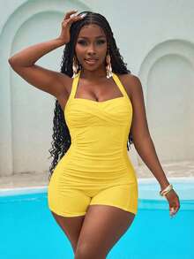 Slaydiva 大码纯色露背挂脖时尚修身褶皱连体泳衣 黄色泳衣 女士泳衣 收腹挂脖泳衣 黄色连体泳衣 - 黃色 - 查看 4