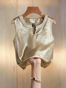 Franclia Elegant Valentine's Day Party Night Blouse In Gold Shimmering Fabric,Faux Pearl Neckline,Perfect For Autumn,Winter,Weddings, Dates & Outings - Gold - View 5