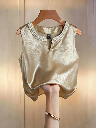 Franclia Elegant Valentine's Day Party Look! This Straight-Cut Women's Blouse Features Shimmering Gold Fabric, Delicate Pearl Embellishments At The Neckline, And Is Perfect For Winter, Summer, Spring, Valentine's Day, Romantic Dates, The Beach, Weddings, Birthdays, Outings, Casual Elegance, Vacations, Graduation Season, And More. (Summer Holiday Outfits, Summer Tops, Summer Clothing, Women's Summer Outfits, Women's Spring Outfits, Spring Break Outfits, Spring Clothing, Valentine's Day Outfits, Valentine's Day Clothing, Carnival, Carnival Costumes, Carnival Women's, Party Tops, Women's Elegant Outfits, Women's Elegant Tops, Women's Holiday Outfits, Women's Casual Tops, Women's Casual Outfits, Gold Blouses, Spring Break Outfits, Gold Tops, Gold Women's Blouses, Sparkly Tops, Shimmering)Fashionable Casual Commuter Wear, Business Office Wear, Versatile And Stylish Everyday Casual Wear, Urban Teacher's Professional Attire