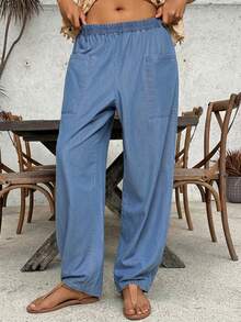 SHEIN VCAY 大码女式弹力腰双口袋宽松休闲牛仔裤 - 淺藍色 - 查看 1