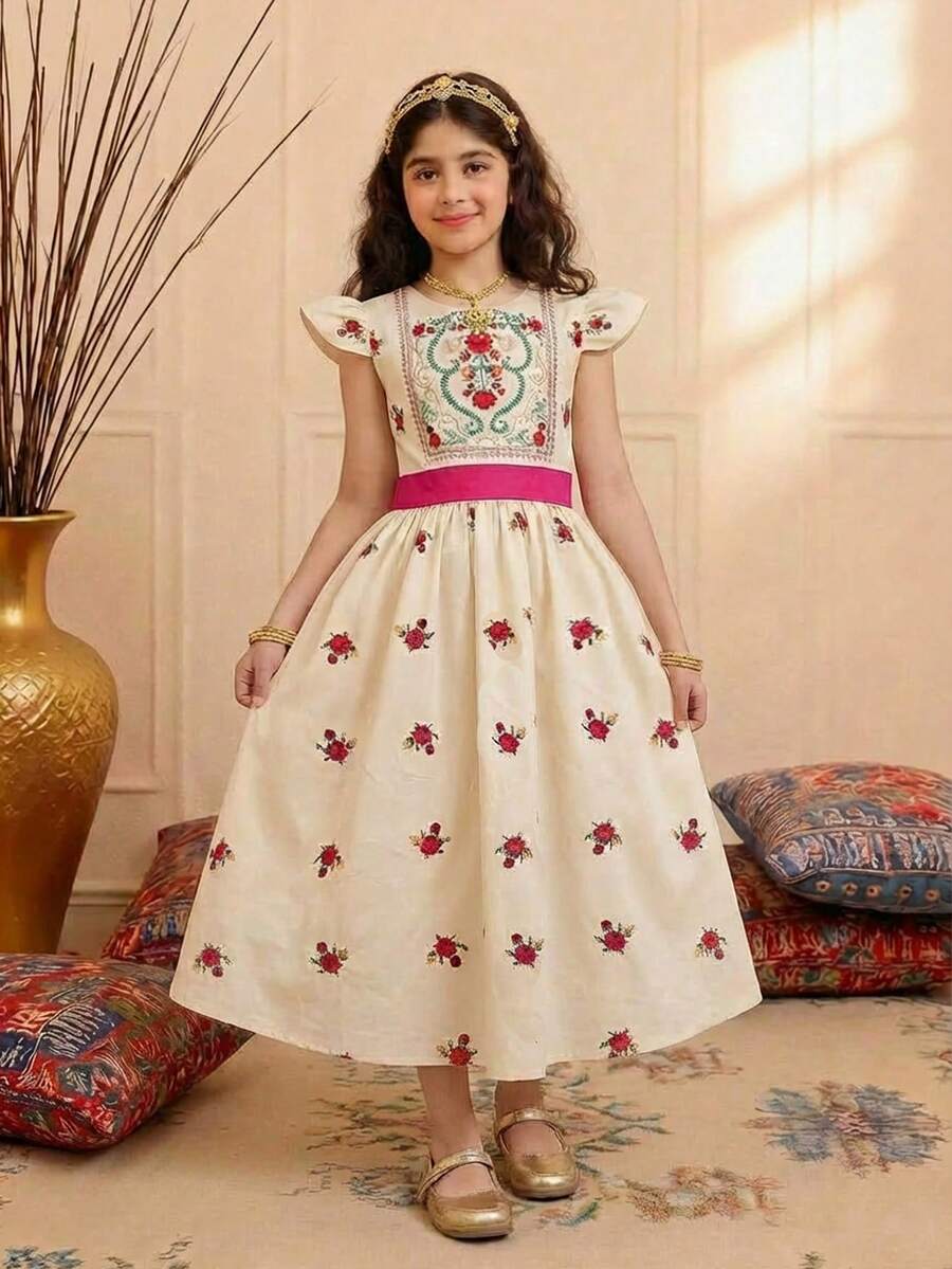Tween Girl Casual Minimalist Comfortable Round Neck Cap Sleeve Waist Contrast Color Lace Trim Decor Dress - Multicolor - View 1
