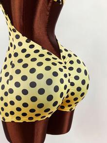 Amplova Women's Yellow & Black Polka Dot Halter Tie Backless Romper, Sexy Tight-Fitting Y2K Retro Polka Dot Print, Cute Ruched Back Detail - Multicolor - View 3