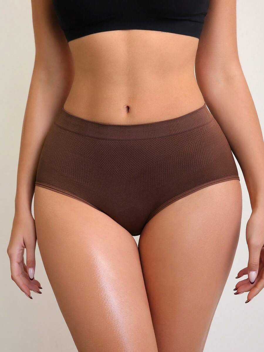 DesireSculpt 1 Stück Damen Mode Mitteltaille einfarbige Slips - Kaffeebraun - Übersicht 1