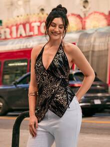 Freevana 波西米亚风吊带串珠刺绣V领裹身式上衣，宽松显瘦小众外套，适合音乐节穿着 - 黑色 - 查看 6