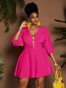 Maweii Plus Size Solid Color Deep V-Neck Sexy Fashionable Romper - Hot Pink - View 2