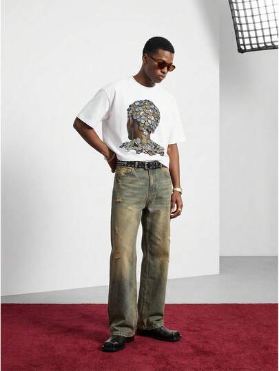 GENIUS ODE 男士休闲街头风宽松短袖T恤，简约星形字母印花，宽松短款版型，适合日常休闲、运动、时尚穿搭、街头风格；送给男友的礼物，节日礼物