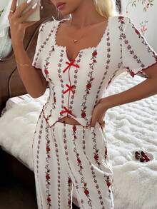 CottageSlumber 撞色碎花方领蕾丝边短袖睡衣套装 - 杏色 - 查看 5