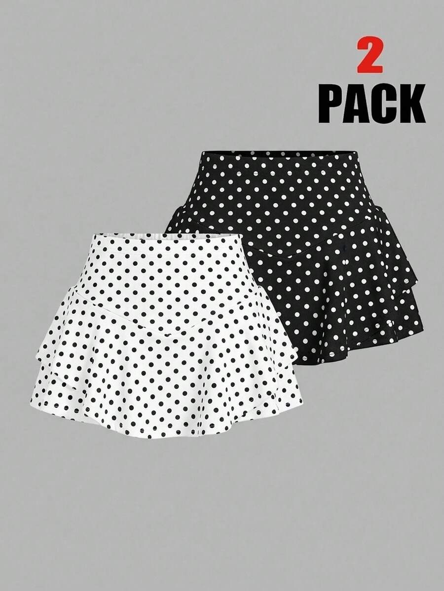 SHEIN EZwear 2 pezzi Pantaloncini da donna retrò a pois bianchi e neri, adatti per l'estate - Multicolore - Visualizzare 1