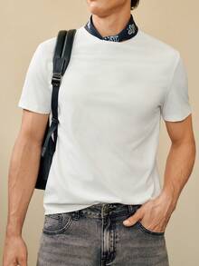 RONVEXI Men's White Knitted Round Neck Short Sleeve T-Shirt - White - View 6