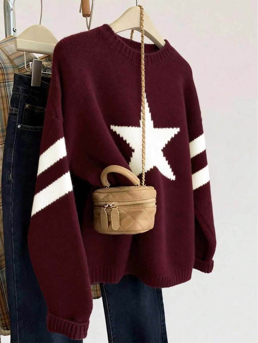 Resyla Women's Casual Daily Star Pattern Loose Fit Crew Neck Sweater, Autumn/Winter - Multicolor - View 1