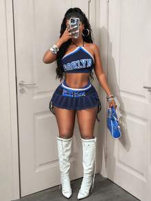 BamGleam 女士性感时尚街头字母撞色条纹图案露背系带露脐上衣和超短迷你裙两件套 - 彩色 - 查看 4