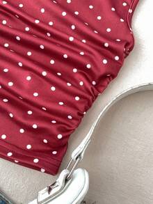 少女酒红色针织休闲简约波点印花不对称褶皱短款上衣，适合春夏穿着，休闲百搭，可打造个性造型，日常穿着 - 酒紅色 - 查看 5