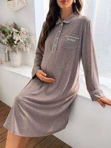 SHEIN Pregnant Women's Casual Letter Embroidered Front Button Contrast Trim Maternity Dress - Khaki - View 3