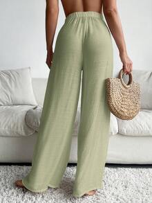 Swim Vcay 女士休闲纯色打结阔腿裤罩衫 - 軍綠色 - 查看 2