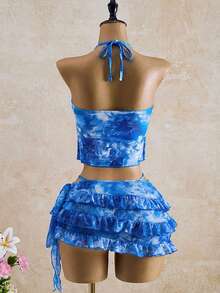 Bellisia Women's Summer Vacation Beach Tie-Dye Ruffle Halter Bikini Set With Cover-Up And Skirt - Multicolor - View 2