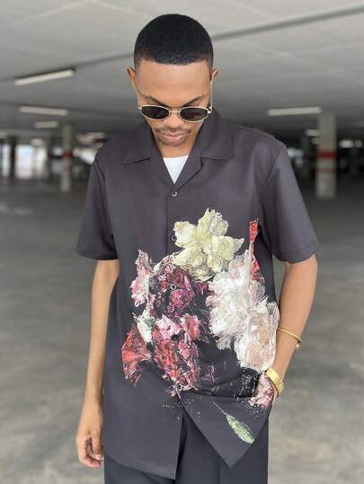 Ngobest Haus Ngobest Haus 男士翻领图案衬衫，带有时尚花卉印花，适合学校和休闲穿着