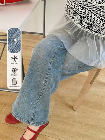 Dazy Plus 女士带口袋纽扣水洗弹力修身亮片装饰喇叭裤