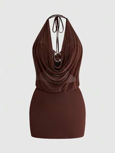 ROMWE J-Fashion Spring / Summer Plus Size Summer Fashion Solid Color Ring Detail Halter Backless Top And Bodycon Mini Skirt 2 Piece Set