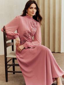 Anewsta Spring/Summer New Arrival Elegant Women's Chiffon Dress, Round Neck, Long Sleeve, Pleated, Pearl Embroidery Applique, Waist Cinched, A-Line Silhouette - Rusty Rose - View 7