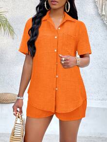 SOLERSUN 落肩衬衫和领带露背吊带上衣和短裤 - 亮橙色 - 查看 5