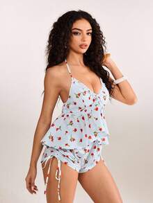 plantica Y2K Stylish Women Casual Sexy Striped Floral Print Long Sleeve Shorts Pajama Set, Suitable For Vacation, Date, Home, Valentine's Day, Spring/Summer, Wedding Guest, Music Festival, Musician, Night Club - Multicolor - View 6