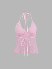 Sweetra Delicate Girly Pink Sequin Embroidered Spaghetti Strap Sexy Open Back Design Casual Vacation Style Women Tank Top - Pink - View 3