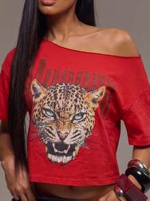 MUSERA 肩部印花豹纹超大短款T恤，酷女孩必备，外出性感，豹纹印花，女士服装，圣诞节女装，优雅假日，春夏派对 - 紅色 - 查看 2
