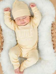 SHEIN 2Pcs Set Newborn Boy Photography Outfits Little Brother Embroidery Baby Coming Home Outfit Baby Shower Gift 1 Month 3 Month Infant Photo Props - Beige - View 3