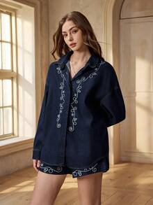 Selenza Women's Casual Embroidered Long Sleeve Denim Shirt, Suitable For Daily Commute And Vacation, Spring/Autumn - Dark Wash - View 2