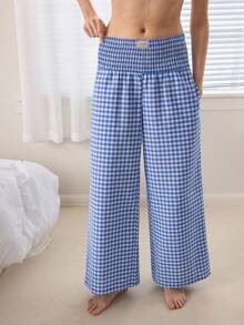 Ocili 女士纯色抽绳腰宽松阔腿睡裤，舒适棉质条纹系带睡衣裤 - 藍白色 - 查看 6