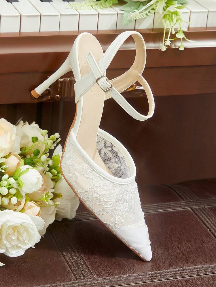 CUCCOO HITCHD Women Shoes Pointed Thin High Heel White Mesh Lace Simple Ankle Strap Women's Slingback Shoes Wedding Party Banquet Simple Fashion Sexy Women's High Heel Shoes Women's Shoes
