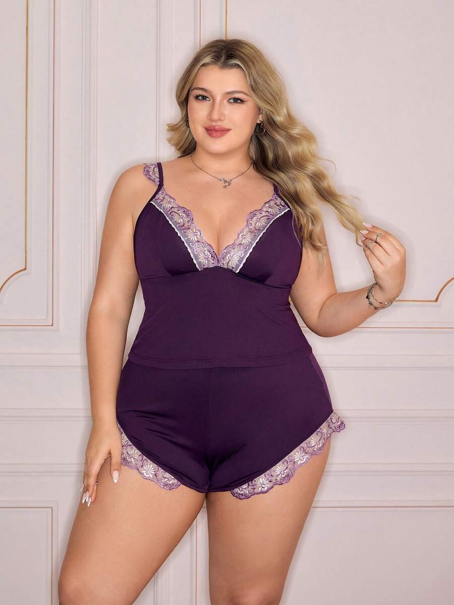 Slumberry CURVE Mature Vintage Embroidered Lace Contrast Trim Camisole And Shorts 2 Pieces Sleepwear Set, Comfortable Soft Plus Size - Red Violet - View 1