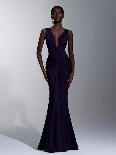 Elitara 优雅浪漫时尚的紫色弹力面料垂褶美人鱼下摆长款正式礼服，婚礼宾客礼服，黑白伴娘礼服