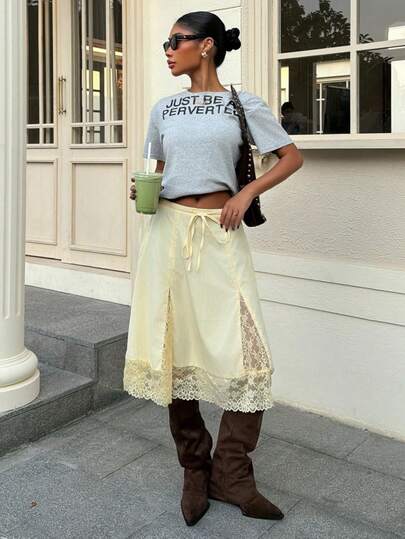 Muchica Holiday Outfits  Women's Yellow Woven Contrast Lace Drawstring Waist Skirt