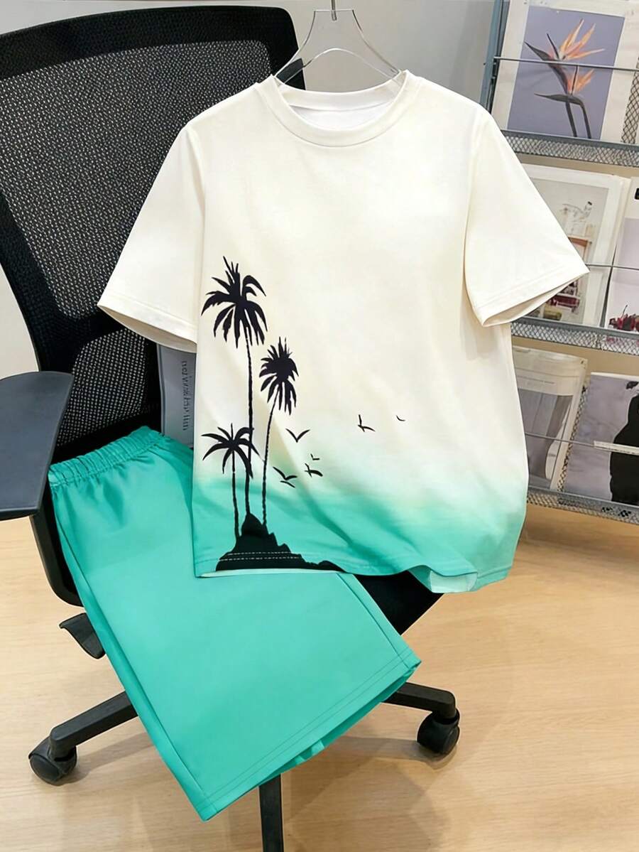 2pcs Teenage Boys' Loose Fit Gradient Coconut Tree Print Short Sleeve Top And Shorts Beach Vacation Outfit - Multicolor - View 1