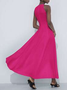 Aveloria Modichic Elegant Round Neck Sleeveless Oblique Shoulder Cinched Waist Exaggerated Pleated Ruffle Maxi A-Line Dress For Women - Hot Pink - View 2