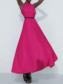 Aveloria Modichic Elegant Round Neck Sleeveless Oblique Shoulder Cinched Waist Exaggerated Pleated Ruffle Maxi A-Line Dress For Women - Hot Pink - View 4