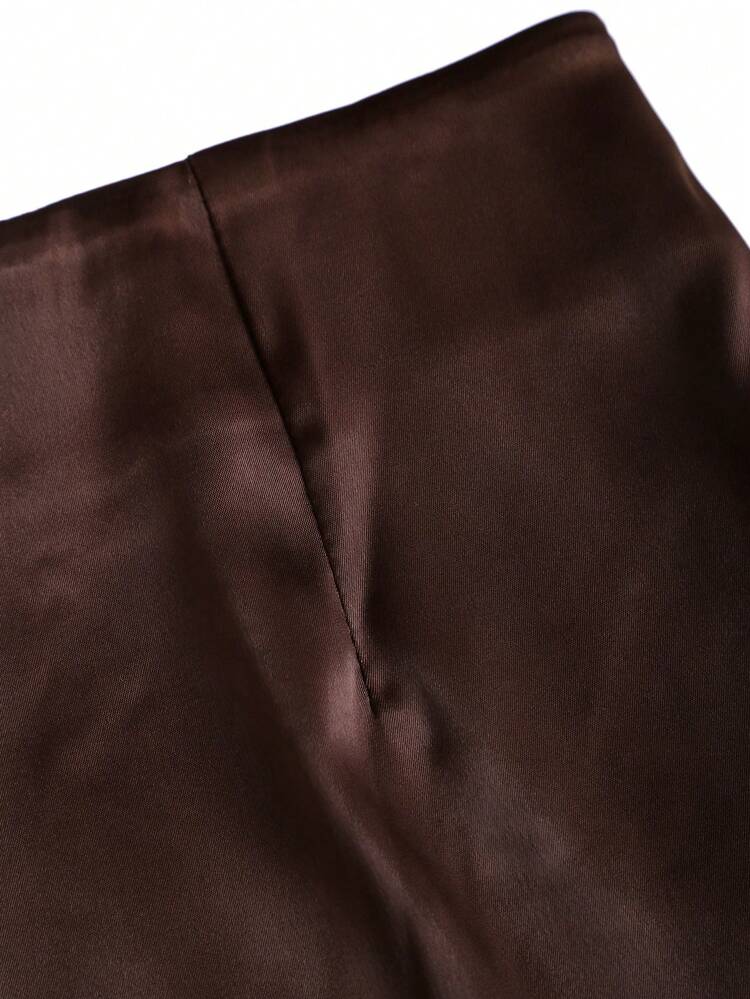 Sweetra Saia Casual de Retalhos Florais Marrom Cetim Retrô Francês Elegante, Chegada Nova Chique do Início da Primavera - Castanho - Visão 4