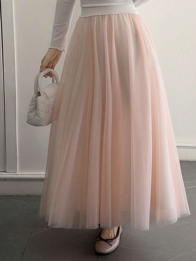 Women's Solid Color Mesh A-Line Skirt, Elegant For Spring/Summer