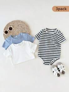 SHEIN 3pcs Baby Boy Casual Cute Solid Color & Striped Pocket Crew Neck Short Sleeve Bodysuit, Suitable For Spring/Summer Outings, Daily Outdoor Play, Home, Comfortable & Versatile - Multicolor - View 10