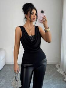 Elenzga Elegantes gestricktes Oberteil mit hoher Dehnbarkeit, mit modischem Rüschenkragen, glänzenden Silberfolie-Akzenten und plissierter Taille. Vielseitiges neues Damen-Tanktop, perfekt für Partys, Zusammenkünfte, Neujahr, Valentinstag und romantische Dates. - Schwarz - Übersicht 4