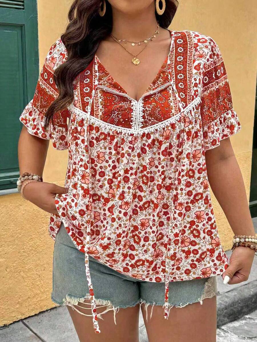 Breezaya Áo sơ mi ngắn tay họa tiết hoa nhí cỡ lớn dành cho nữ, kiểu dáng thường ngày. - Đỏ - Xem 1